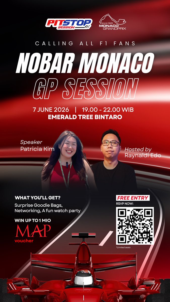 shahnazny's tweet photo. panggilan buat para fans F1!!

PitStop Session bakal adain nobar Monaco race
pas banget juga kalo kalian warga bintaro dan sekitarnya

tenang ini free entry kok dan bakal ada hadiah menarik juga buat yg beruntung

cuss langsung daftar dan seru2an bareng di event nanti https://t.co/7mQQ98kYHx