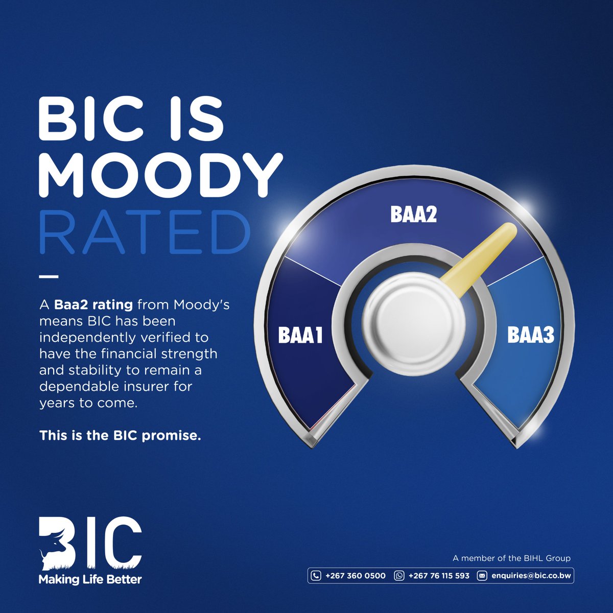 BW_Insurance_'s tweet photo. A Baa2 rating from Moody's means an independent global authority reviewed BIC's books and confirmed we have the financial strength to pay claims on time, every time. 👏

Get covered by an insurer you can count on, call +267 360 0500. 📞

#BehindTheRating #MakingLifeBetter #BIC https://t.co/WukbgYvEdl