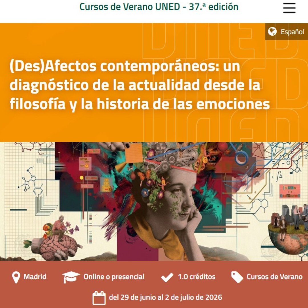 ecabanasd's tweet photo. Un placer presentaros "(Des)Afectos contemporáneos: un diagnóstico de la actualidad desde la filosofía y la historia de las emociones".
Organizado por @UNEDMadrid en colaboración con @cbamadrid, analizaremos la actualidad a través de los afectos. Info: 👇
https://t.co/Vd2X26SYWU https://t.co/3i76nC4bXa