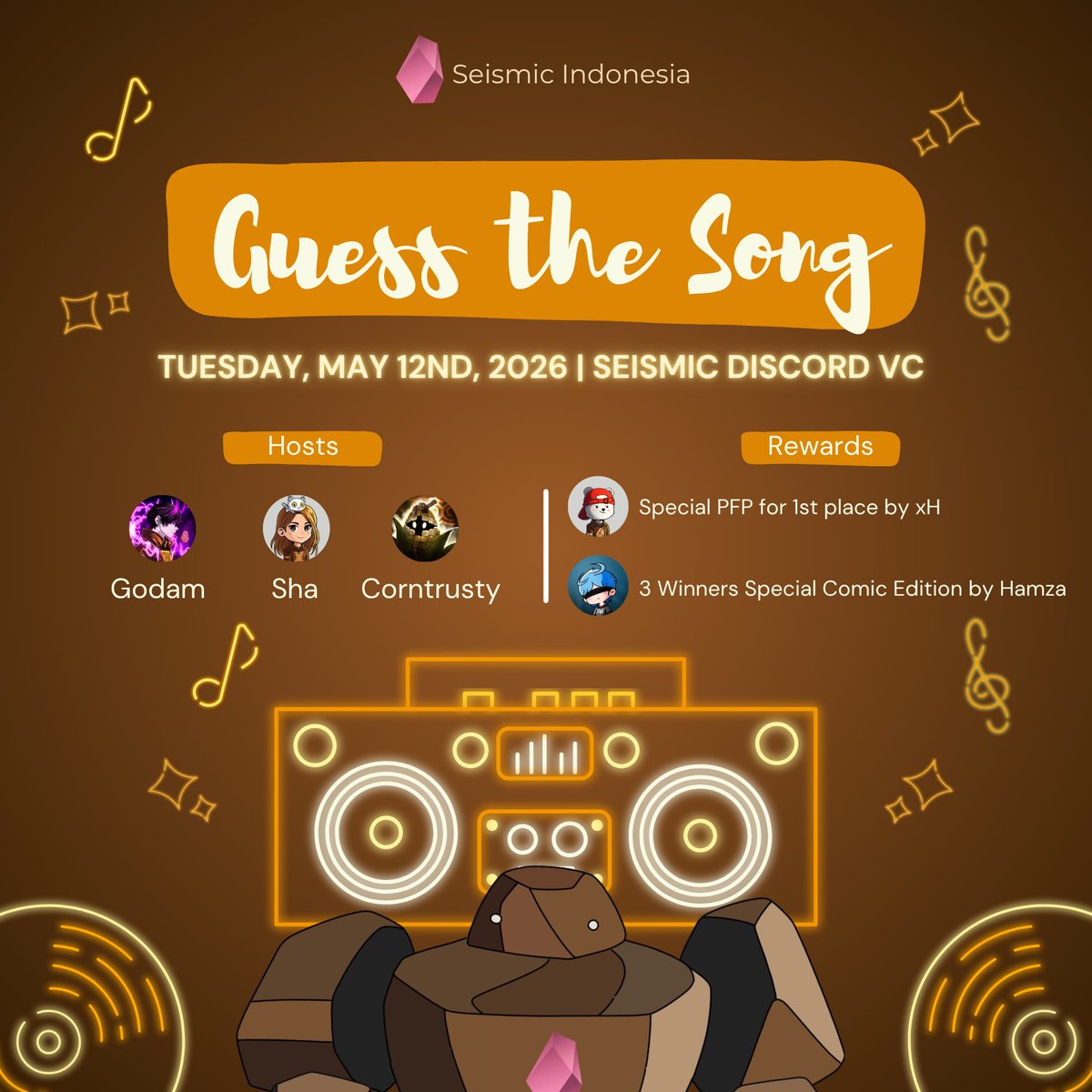 catzhaaa's tweet photo. SEISMIC GUESS THE SONG EVENT

can u guess the song before anyone else? come prove it tonight in VC😼

📅 May 12, 2026
⏰ 7 PM WIB
📍 Seismic Discord

🏆 Rewards
• Exclusive PFP for the 1st place by @Xhsym11
• Top winners featured in a custom comic story by @Hamzapngs_ 

@NoxxW3