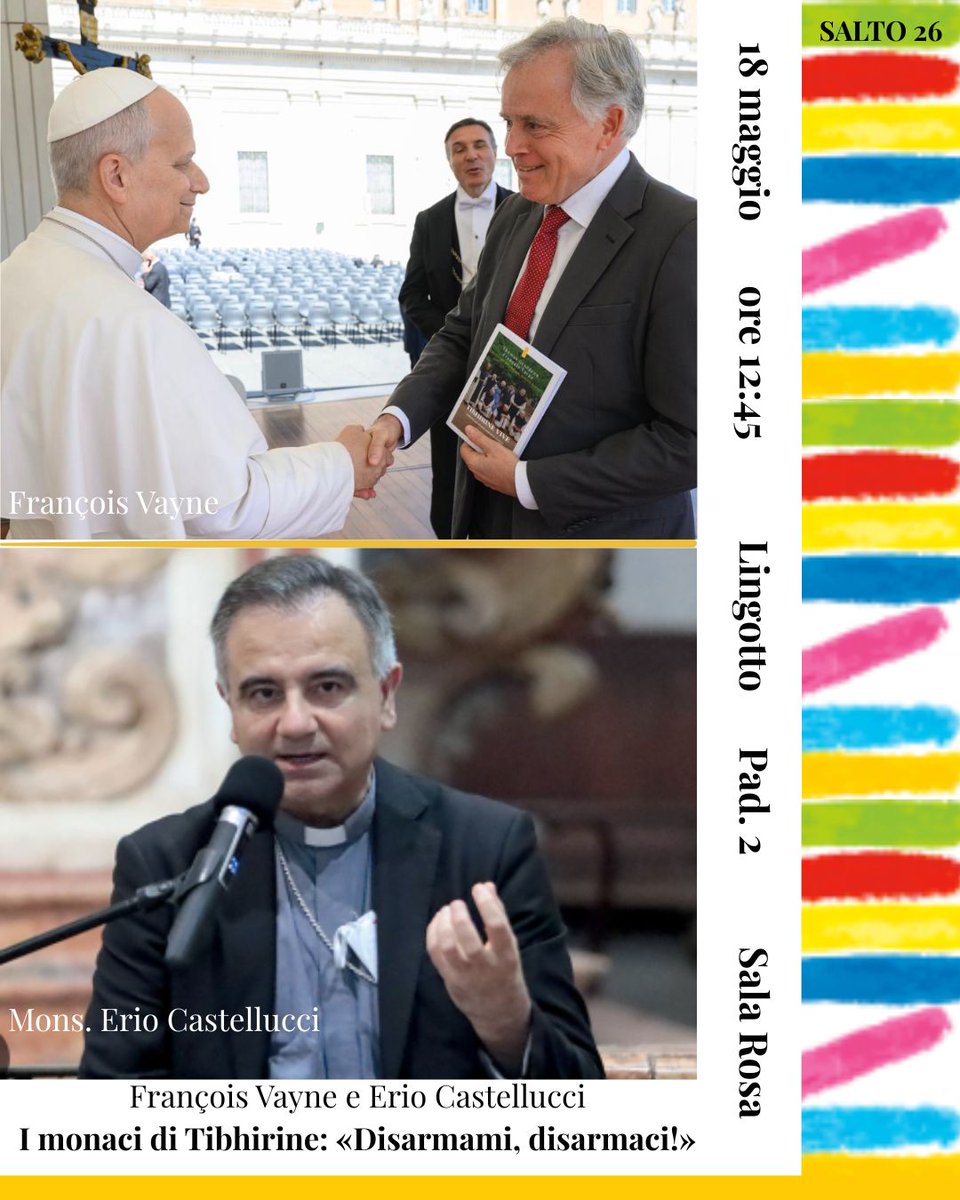 LVaticana's tweet photo. 🗓️ lunedì 18 maggio
⏰12.45
📍Salone del libro #Torino
I monaci di Tibhirine: «Disarmami, disarmaci!» è il tema dell'incontro con @FrancoisVayne, autore con Thomas Georgeon del libro TIBHIRINE VIVE. L'EREDITÀ DEI MONACI MARTIRI IN ALGERIA, e il vescovo Erio Castellucci. 
@FazziniLorenzo @AGisotti @vaticannews_it