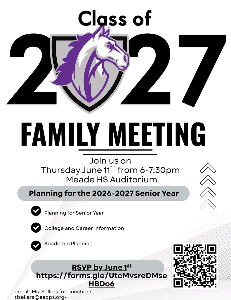 MeadeHSAACPS's tweet photo. We will be hosting a Class of 2027 Family Meeting on Thursday, June 11th from 6-7:30pm in the Meade HS Auditorium. See the attached flyer for more info! https://t.co/GGigBdpQZI