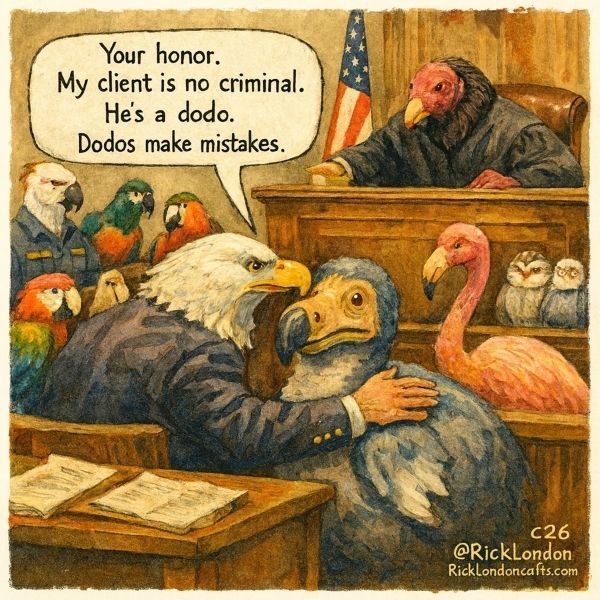 ricklondon's tweet photo. Offbeat. Original. Only here. Visit https://t.co/LlVioOiBsl for exclusive @RickLondon cartoon gifts with worldwide shipping. #dodobird #courtroomdrama #legaleagle https://t.co/galAzNUGY9