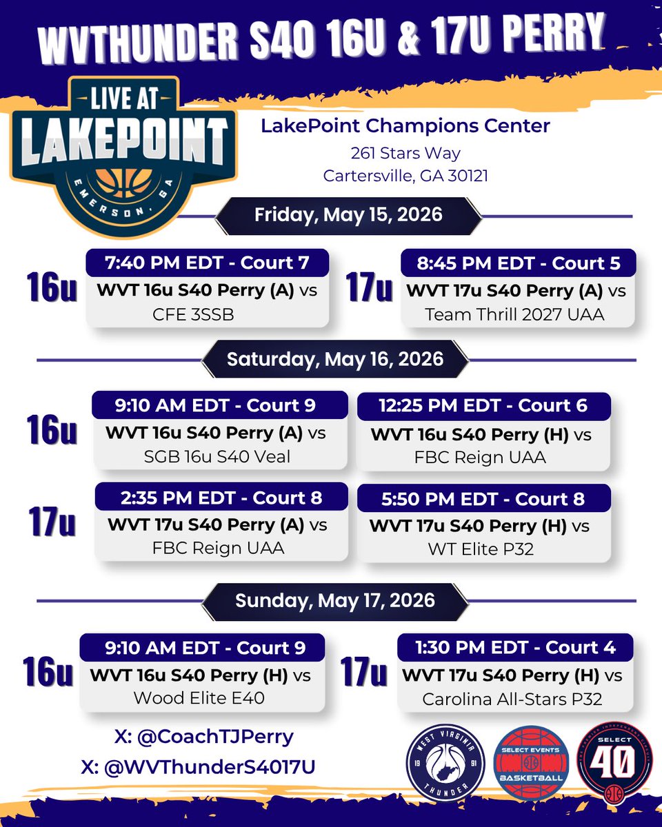 WVThunderS4017U's tweet photo. 🏀 “Live at LakePoint” @SelectEventsBB 
📍   Cartersville, GA
📅   May 15  -  May 17 
☎️   Coach TJ Perry (317) 626-0662

@WVThunderS4017U @CoachTJPerry https://t.co/f8aOUlf7eS