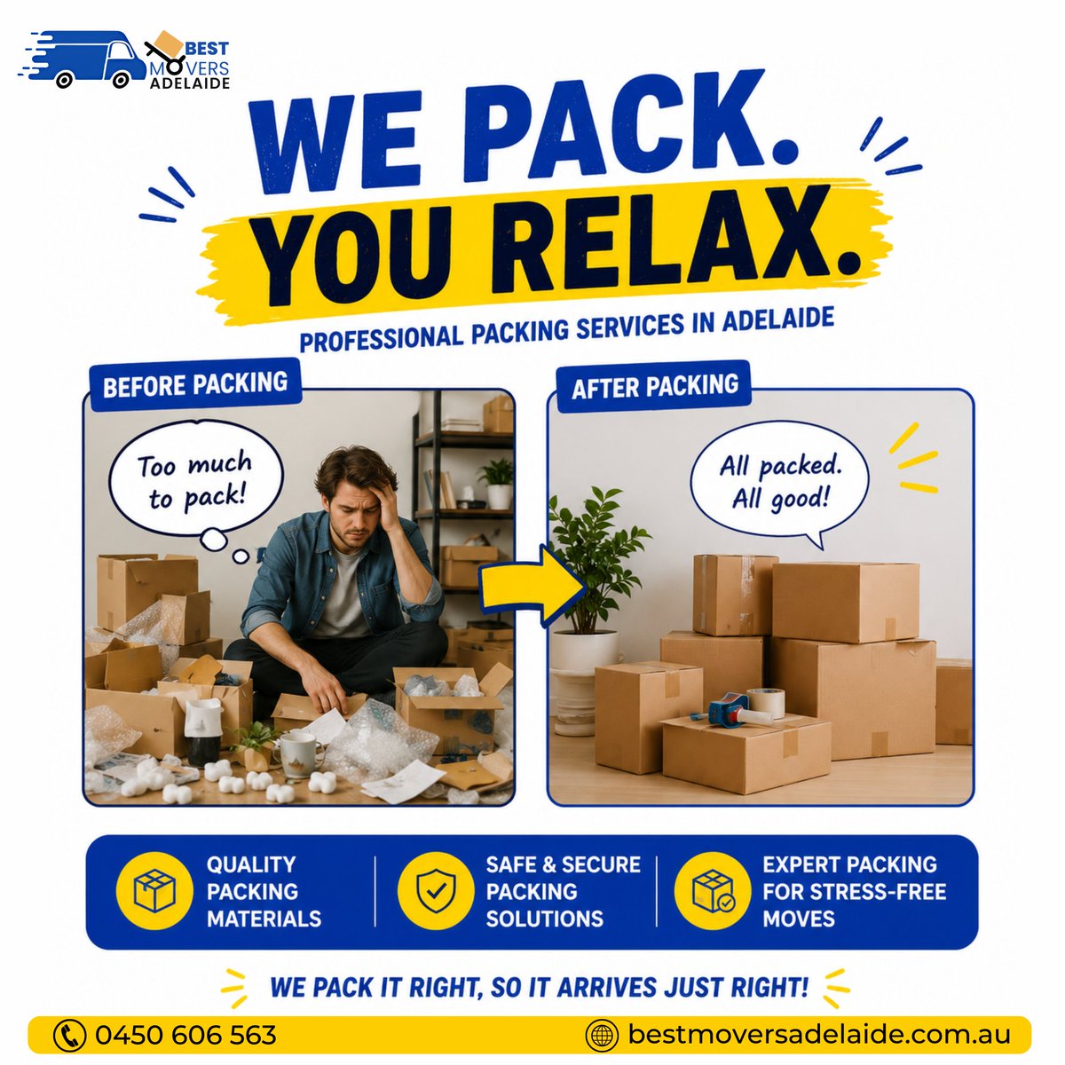 movers_adelaide's tweet photo. Packing doesn’t have to be stressful 📦😓

Let the professionals handle it while you relax 💪
 #BestMoversAdelaide offers safe, secure &amp; professional #packingservices across Adelaide for a smooth moving experience.

📞 0450 606 563
🌐 https://t.co/X3AmVFDCi0

#PackingExperts https://t.co/o91kgSaD8O