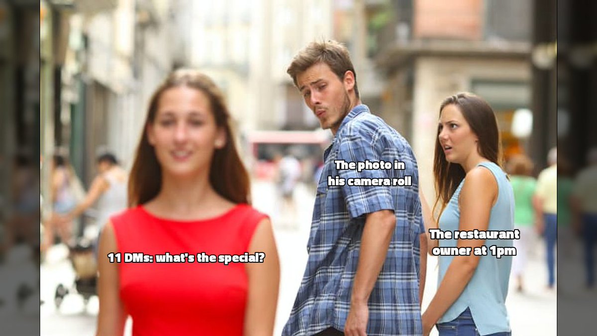 postmemeai's tweet photo. By the time he types reply number one, table 6 has already ordered the pasta. https://t.co/eY6SG7oZLx