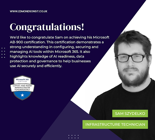 EdmondsonsIT's tweet photo. We’re proud to announce that our Infrastructure Technician, Sam, has achieved his Microsoft AB-900 certification🎉

#EdmondsonsIT #ITServices #Yorkshire #Microsoft #AI #InfrastructureTechnician https://t.co/tavaMqiznt
