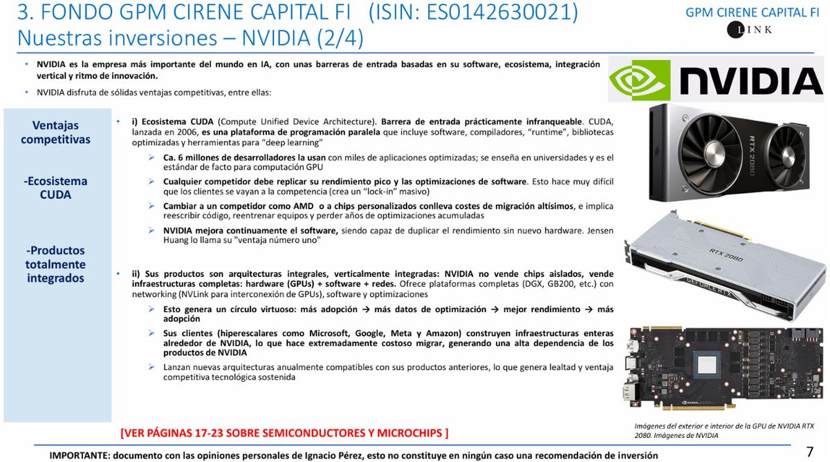 IPCastelblanque's tweet photo. NVIDIA $NVDA es la creadora y proveedora de una plataforma completa de hardware, software y sistemas para factorías de inteligencia artificial, que permiten a las empresas construir y escalar modelos de IA a escala industrial.

Más información de la compañía en las diapositivas adjuntas de nuestra última presentación a inversores.

NOTA: ESTO NO ES UNA RECOMENDACIÓN DE INVERSIÓN. CADA UNO DEBE HACER SUS PROPIOS ANÁLISIS.
