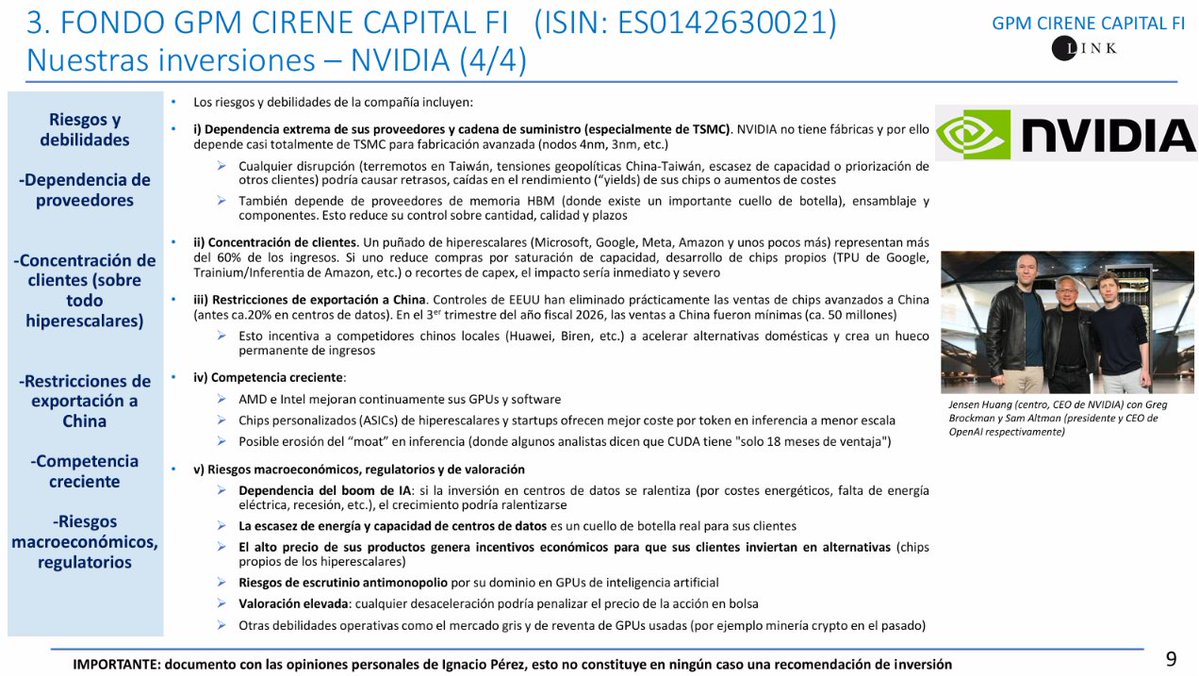 IPCastelblanque's tweet photo. NVIDIA $NVDA es la creadora y proveedora de una plataforma completa de hardware, software y sistemas para factorías de inteligencia artificial, que permiten a las empresas construir y escalar modelos de IA a escala industrial.

Más información de la compañía en las diapositivas adjuntas de nuestra última presentación a inversores.

NOTA: ESTO NO ES UNA RECOMENDACIÓN DE INVERSIÓN. CADA UNO DEBE HACER SUS PROPIOS ANÁLISIS.