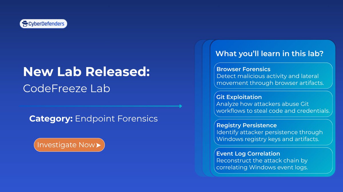 CyberDefenders's tweet photo. 🆕 New lab: CodeFreeze
📚 Category: Endpoint Forensics

The Threat Intelligence team flagged it first, credentials and API keys for sale on a dark web marketplace.
But who breached Caspery's machine? How did they get in? What did they take beyond the obvious?

Investigate the breach → https://t.co/vUfqw5jHeb
#CyberDefenders #SOC #DigitalForensic