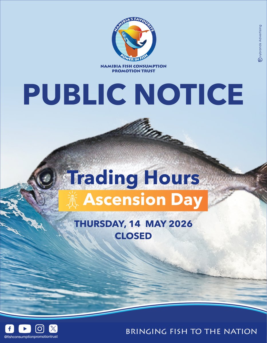 namibia_fcpt's tweet photo. NOTICE OF SHOP CLOSURE

Please be informed that our shops will be closed on Thursday, 14 May 2026 in observance of Ascension Day.

Normal operations will resume from Friday, 15 May 2026.

We apologise for any inconvenience caused and thank you for your continued support. https://t.co/lpKChJMIfj