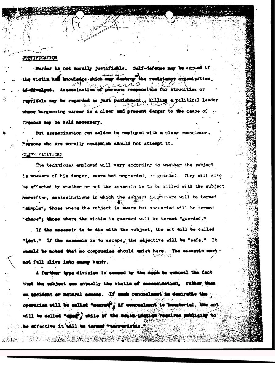 RT by @mikenov: #CIA #USA Se l'assassino deve morire con il bersaglio, l'atto verrà definito "perso". Se l'assassino deve fuggire, l'aggettivo sarà "salvo". Va notato che non sono ammessi compromessi. L'assassino non deve cadere vivo nelle mani del nemico. A study of assassination