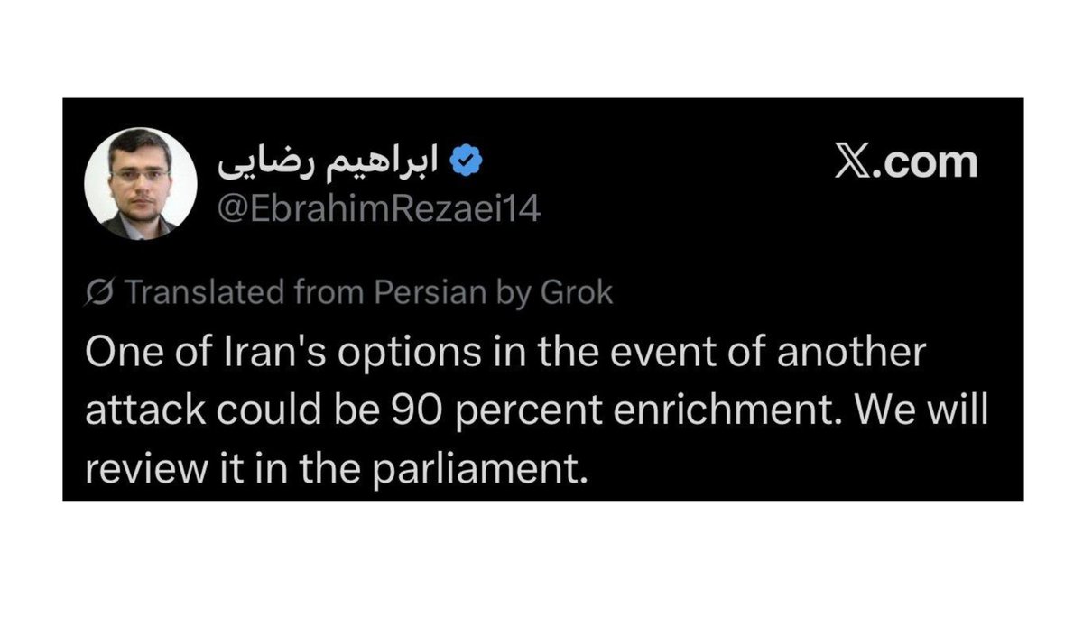 24hrGeopolitics's tweet photo. BIG: Iranian MP Ebrahim Rezaei:

One of Iran's options in the event of another attack could be 90% enrichment.

We will review it in the parliament. https://t.co/Cc3ReWsPkr