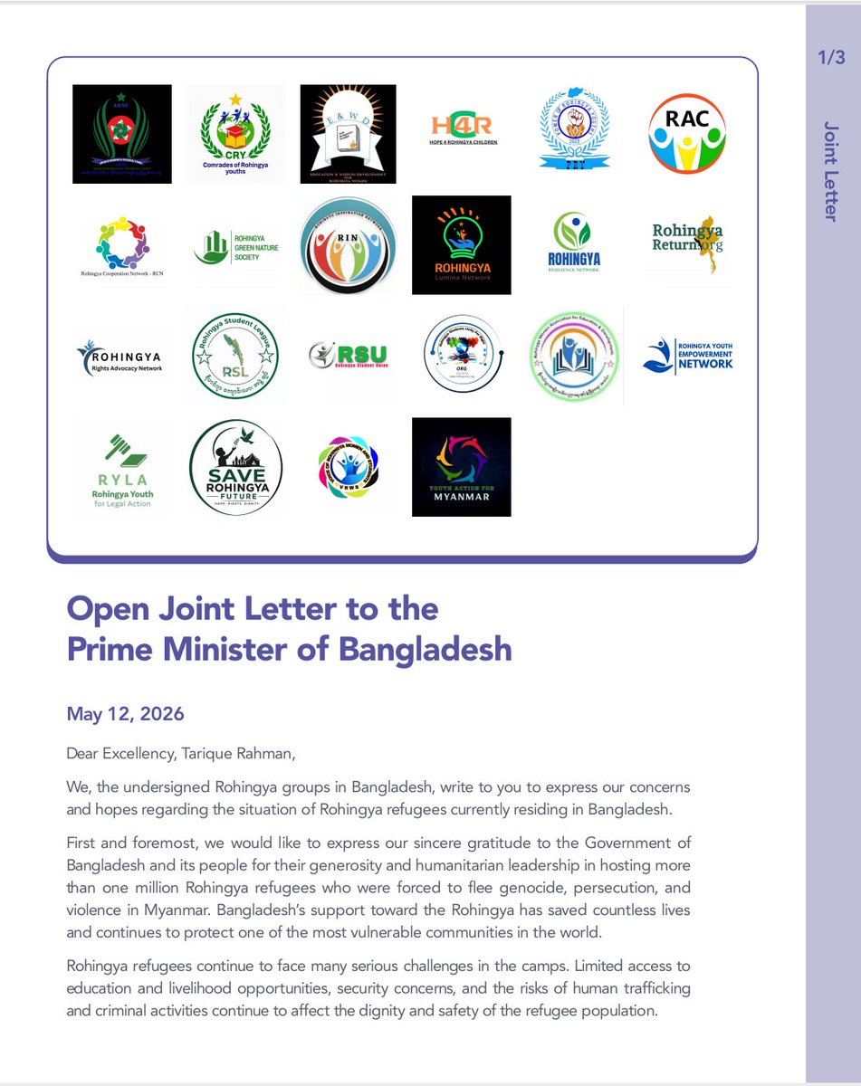 rsursupport's tweet photo. Official Joint Letter to the Prime Minister of Bangladesh Tarique Rahman Bangladesh Nationalist Party-BNP . 

#RohingyaYouth #RohingyaVoice #HumanitarianAid #Rohingya #JusticeForAll https://t.co/qLaIErLizB