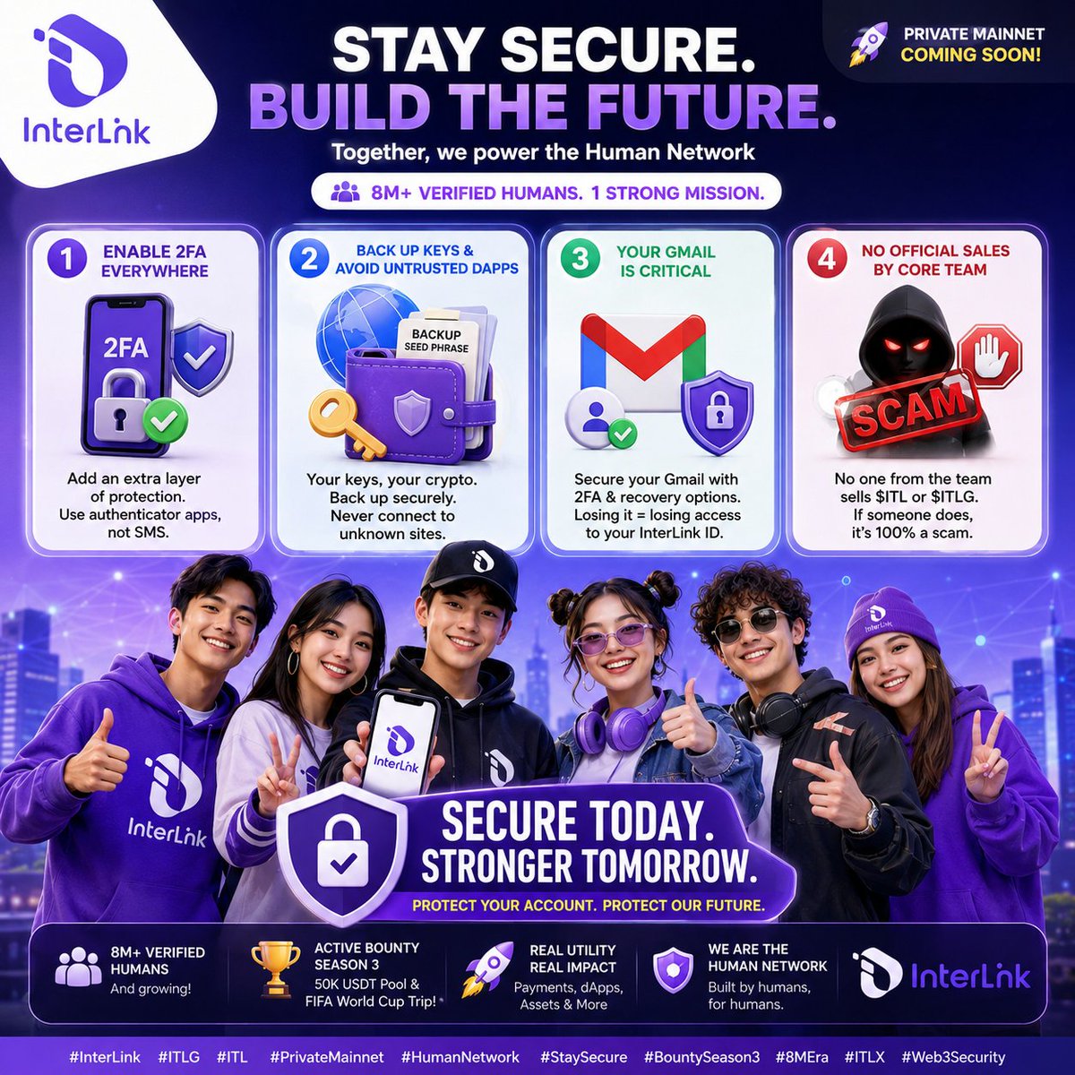 ravi_interlink's tweet photo. 🎊**Thank you, @kv_interlink, for this crucial and timely reminder as we gear up for the InterLink Private Mainnet!**🎊 

🚀 Your message cuts right to the heart of what matters most right now: 

**security, ownership, and protecting our collective progress** in the Human Network. With over 8M verified users, the Active Bounty Season 3 ("The 8M Era Begins"), exciting prizes like the FIFA World Cup trip, and major infrastructure pushes, staying vigilant is non-negotiable. 

This isn't just admin—it's foundational to everything we're building together. I'll break it down point by point, add context from recent updates across official channels (@inter_link, @reina_itl, @itlx_defi, @vyxcrypto629, @scott_itlg, @itl_fdn, and yourself), share practical tips, background insights, and ways we can all level up our practices. Let's make security a community strength. 

🪅🪅🪅 1. Enable 2FA Everywhere – Your First Line of Defense

Absolutely spot on, @kv_interlink. Enabling **Two-Factor Authentication (2FA)** is the simplest yet most powerful step to block unauthorized access and prevent token migrations without consent. In a decentralized ecosystem like InterLink, where your InterLink ID ties into wallets, metrics, and future on-chain activities, a compromised account could mean real losses. 

**Why it matters now more than ever:** As @scott_itlg highlighted, we're syncing metrics manually (one-tap refresh every 12 hours), launching the first dApp on testnet, and preparing for Private Mainnet scalability. These features bring convenience but also require rock-solid account protection. Recent load and stress tests mentioned by @kv_interlink show the engineering team is pushing hard for global payment readiness—your security ensures you participate fully without setbacks. 

🌟 **Actionable tips:**

💫 - Use authenticator apps like Google Authenticator, Authy, or hardware keys (YubiKey) over SMS where possible.

💫 - Enable 2FA on your Gmail (critical—more on this below), ITLX Wallet (@itlx_defi), InterLink profile, and any connected services.

💫 - Regularly review connected devices and active sessions.

💫 - Backup your 2FA recovery codes in a secure, offline location—treat them like your seed phrases.

Community, share your best 2FA habits below (without doxxing details)! How has enabling it given you peace of mind? @reina_itl and ambassadors like @vyxcrypto629 have been driving awareness—let's amplify this. 

🪅🪅🪅  2. Back Up Your ITLX Keys & Avoid Untrusted dApps – Irreversible Reality in Web3

**"Once tokens are hacked or transferred out, no one can recover them."** This line from @kv_interlink is pure truth and a reminder of self-sovereignty. ITLX Wallet (@itlx_defi) continues delivering impressive numbers—$41M+ 24h volume and strong TVL in past updates—showing real utility for trading, tokenized assets, and more. But with great power comes great responsibility. 

**Context from recent activity:** @itlx_defi has handled delistings, oil trading features, and positioned itself as a super wallet for the Human Network. As we bridge to Private Mainnet and testnet dApps (@scott_itlg teased the first one launching soon), the temptation to connect wallets will rise. **Never connect to random sites, DM links, or unverified contracts.** Phishing remains the #1 threat. 

🌟 **Comprehensive backup & safety protocol:**

💫 - **Seed phrases/mnemonic backups:** Write them down on metal plates or secure paper (not digital photos/cloud unless encrypted). Store in multiple secure physical locations. Test restoration periodically in a safe environment.

💫 - **ITLX-specific keys:** Export and verify backups. Use hardware wallets for larger holdings.

💫 - **Wallet hygiene:** Use separate wallets for daily ops vs. long-term storage. Revoke approvals regularly via tools in ITLX.

💫 - **dApp verification:** Only interact with official links from @inter_link, @itlx_defi, etc. Check URLs meticulously. For testnet activities, confirm via official announcements.

💫 - **Extra layer:** Consider multi-sig where available for team/ambassador funds.

@itl_fdn's whitepaper and Payment Point initiatives underscore building real-world utility. Security ensures that value creation (mining, bounties, revenue shares) translates to lasting ownership. Shoutout to @scott_itlg for transparent updates on KYC and metrics—trust in the core team starts with us protecting our own assets. 

If you've had a close call or a pro tip on wallet security, reply and tag the community. Let's crowdsource a "Human Network Security Best Practices" thread! 

🪅🪅🪅  3. Your Gmail is Critical – The Gateway to Your InterLink ID

This point deserves extra emphasis, @kv_interlink. You followed up perfectly: losing Gmail access makes proving ownership extremely difficult. The InterLink ID system leverages email as a key authentication layer for a reason—verified humans, not bots. 

**Deeper context:** Recent discussions (including @scott_itlg addressing unlink challenges) highlight the security trade-offs. Email provides a recoverable yet protected anchor in a world of pseudonymous addresses. With 8M+ users and scaling to payments (Payment Points via @itl_fdn), this layer combats Sybil attacks and supports KYC/metric syncing. 

🌟 **Proactive Gmail management strategies:**

💫 - Use a dedicated, strong password + 2FA (app-based).

💫 - Set up recovery options: phone number, backup emails (also secured), and security questions.

💫 - Enable "Account Recovery" features and keep recovery info updated.

💫 - Avoid sharing your primary Gmail anywhere—use aliases for less critical sign-ups.

💫 - Monitor for suspicious login attempts via Google's security dashboard.

💫 - If access is at risk, act immediately: change password from a trusted device, review permissions.

Losing it means losing easy access to your InterLink profile, metrics, bounties, and future airdrops/rewards. In the "8M Era," as celebrated by @inter_link, every verified user counts. @reina_itl's ambassador revenue shares and community efforts show how contributions are rewarded—protect the account that tracks them. 

Has anyone set up advanced Gmail protections? What recovery workflows work best for you? Let's discuss responsibly to help newer Linkers. 

🪅🪅🪅  4. No Official Sales of ITL/ITLG by Core Team – 100% Scam Alert

**Crystal clear warning:** If anyone claims to sell $ITL or $ITLG on behalf of the core team, it's a scam. @kv_interlink has been consistent on this. 

🌟 **Why this persists and how to spot fakes:**

💫 - InterLink focuses on organic growth, mining as Human Nodes (@inter_link), bounties, and ecosystem utility—not direct token sales by insiders for profit.

💫 - Official channels (@inter_link, @itl_fdn, @kv_interlink, etc.) announce everything transparently: whitepaper, Payment Points, Season 3 prizes, testnet dApps.

💫 - Scammers exploit hype around Private Mainnet, FIFA prizes, and metrics syncing.

🌟 **Verification checklist:**

💫 - Only trust announcements from verified official handles.

💫 - No DMs offering "early access," "whitelists," or "team allocations."

💫 - Token distribution follows public mechanisms (mining, contributions, ecosystem rewards).

💫 - For any investment/participation, DYOR via https://t.co/58FdeNFQXq and official sites. 

@itl_fdn's mission for sustainable value distribution and @scott_itlg's product updates reinforce this ethos. Transparency builds the real Human Network. Report suspicious accounts and tag officials. 

🪅🪅🪅  Broader Context: Why Security Powers Our Momentum

InterLink isn't just another chain—it's building a **verified Human Network in the AI age**, with real utility in payments, assets, and global adoption. Recent highlights:

💫 - **Bounty Season 3 (@inter_link, @kv_interlink):** 50k USDT pool, epic grand prize, open to new and veteran members.

💫 - **Tech progress (@scott_itlg, @itlx_defi):** Metric syncing, testnet dApps, scalability tests.

💫 - **Foundation strength (@itl_fdn):** Whitepaper, Payment Points, KV as Chairman.

💫 - **Community (@reina_itl, ambassadors):** Revenue shares, engagement driving real impact.

Security ensures we all benefit from this growth. Hacked accounts erode trust; protected ones amplify it. As @kv_interlink noted about Satoshi's discipline, we combine vision with vigilance. 

🌟 **Call to Action for the Community:**

💫 1. Audit your security today—2FA, backups, Gmail.

💫 2. Share one verified tip (tag officials for visibility).

💫 3. Engage in Active Bounty Season 3 responsibly.

💫 4. Spread awareness: Quote this with #InterLink #ITLG #ITL #PrivateMainnet #HumanNetwork.

To @kv_interlink, @inter_link team, @reina_itl, @itlx_defi, @scott_itlg, @itl_fdn, @vyxcrypto629 and every Linker: Thank you for leading with clarity and care. This Private Mainnet preparation is exciting because of the foundation of trust we're building. 

Let's discuss, support each other, and enter the 8M Era stronger than ever. What security practice are you implementing first? Drop your thoughts—meaningful conversations drive this network forward!   🚀

#InterLink #ITLG #ITL #PrivateMainnet #HumanNetwork #StaySecure #BountySeason3 #8MEra #ITLX #Web3Security #VerifiedHumans