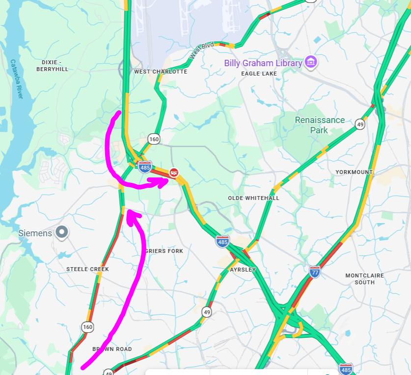 テーリ・テムリッツ　上作延ハウス・エクスプロージョン　ルーツではなくルート 💢TraffiCast™ In Steele Creek, we have some issues: •I-485 Outer