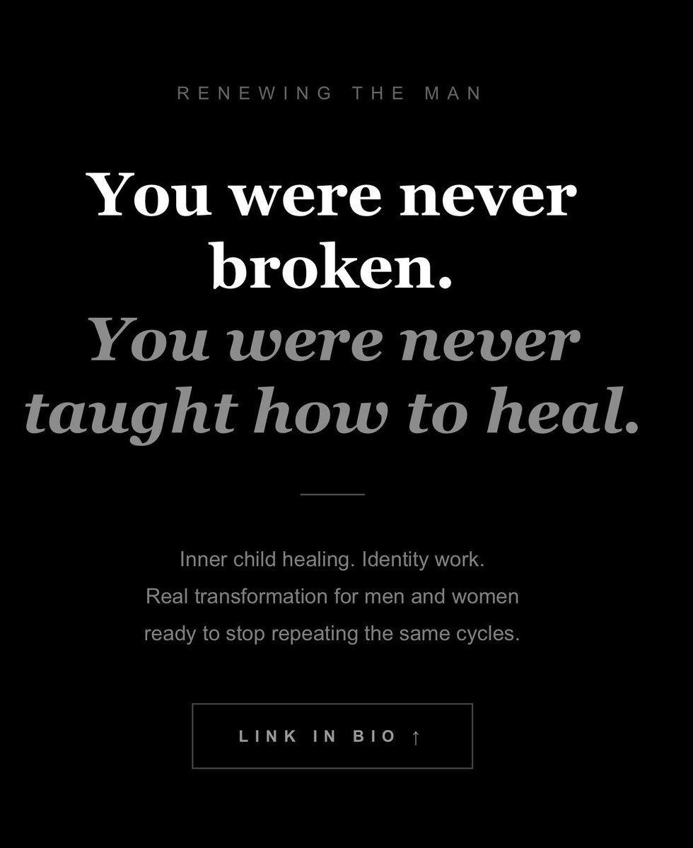 renewingtheman's tweet photo. You were never broken.
You were never taught how to heal.
Inner child healing + identity work for men and women ready to stop repeating the same cycles.
https://t.co/MIMZbq5CMu
#innerchild #innerchildhealing #healing #selfdiscovery #mentalheath #relationships #transformation https://t.co/rBjm750XCx