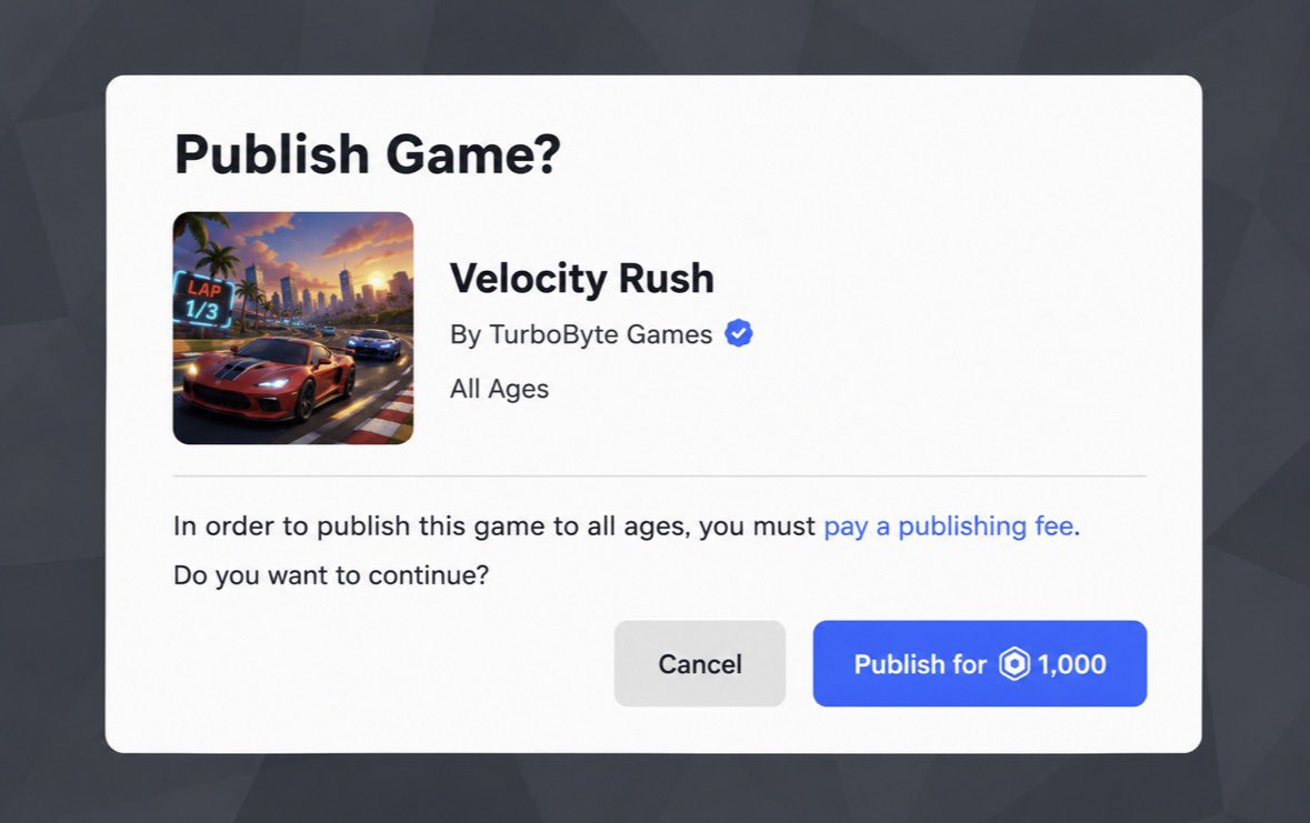 ClawsRoblox's tweet photo. Roblox will soon remove the requirement for a Plus/Premium subscription when publishing new games for all ages.
After your game passes the review process, you’ll simply need to pay a one-time fee of 1,000 Robux per game. This is refundable after Three months. #roblox https://t.co/C8sroFcvKw