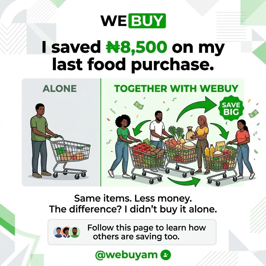 WeBuy001's tweet photo. I saved ₦8,500 on my last food purchase.
Same items. Less money.
The difference? I didn’t buy it alone.

Follow this page to learn how others are saving too.”
@webuyam https://t.co/5wtko9p2JF