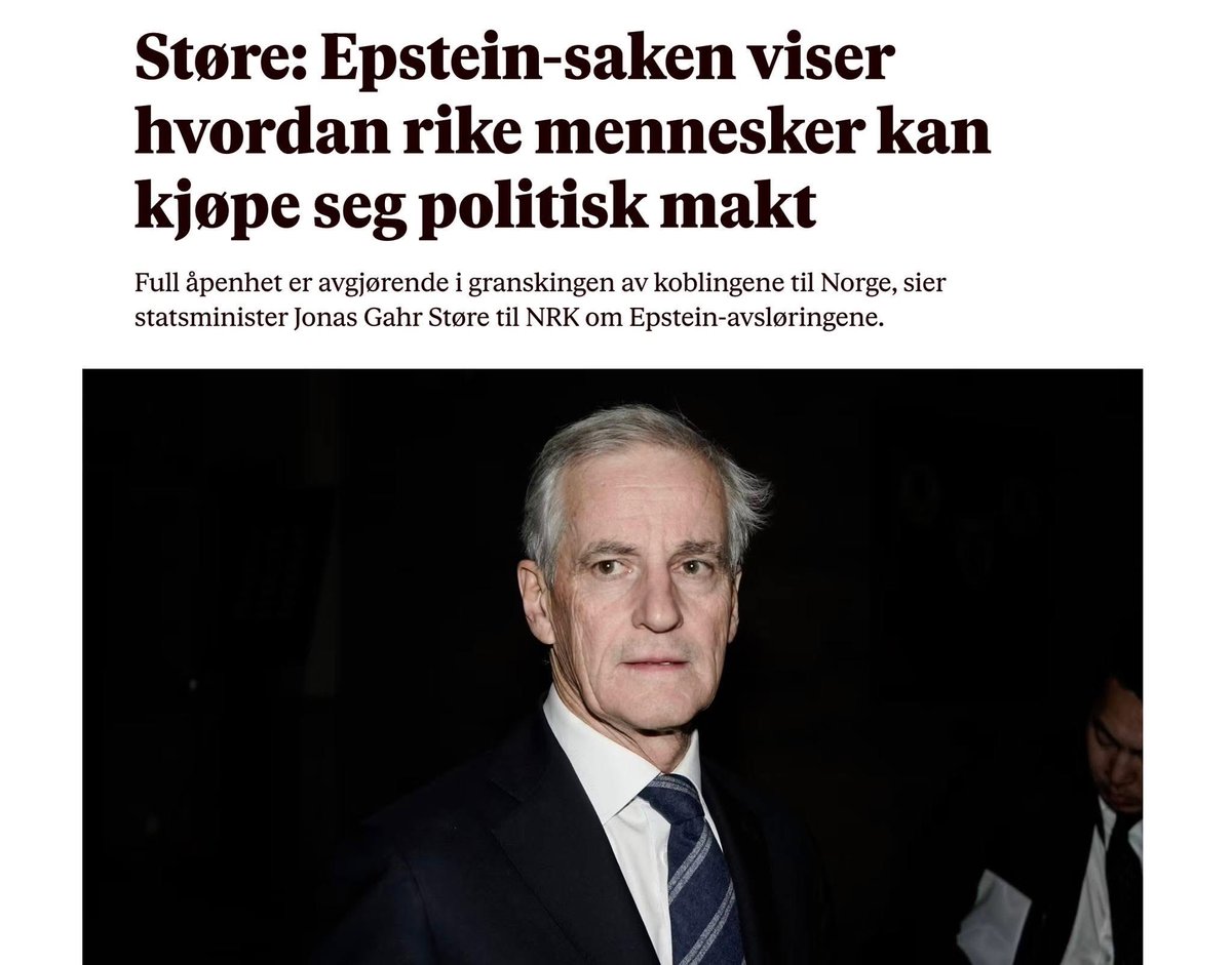 OddekalvGyda's tweet photo. I februar sa Støre at «full åpenhet er avgjørende» i Epstein-granskingen. At det var «sjokkerende» hvordan rike mennesker kunne kjøpe seg politisk makt. At «det viktigste er å få alle fakta på bordet».

Tre måneder senere vil hans egen forsvarsminister skrive inn i loven at Epstein-kommisjonen ikke kan be om informasjon fra E-tjenesten.

Alle fakta på bordet, bortsett fra de som ligger i feil skuff?

Medlemmene i granskingskommisjonen sikkerhetsklareres. De har taushetsplikt. De er per definisjon klarert til å håndtere den mest sensitive informasjonen Norge har. 

Likevel vil regjeringen bestemme på forhånd hva de får lov til å se.

Det er ikke sikkerhetspolitikk. Det er en regjering som først lover åpenhet foran kameraene og deretter bygger lukkede dører bak kulissene.

Hvem beskyttes egentlig her? 

Ikke rikets sikkerhet. Ikke befolkningen. Det som beskyttes er muligheten til å la visse steiner forbli usnudd.

Dette er totalt uakseptabelt! 

#Norge