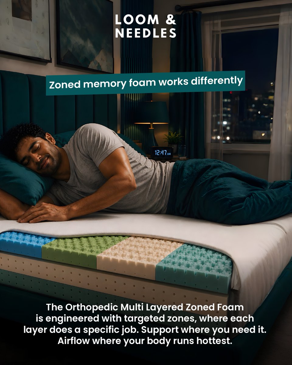 LoomNeedles's tweet photo. Your AC isn't the problem. Your mattress is.
The orthopedic zoned memory foam is built differently. Targeted zones. Actual airflow. Cool sleep. Even in May.
Shop link in bio | 100 Nights Trial | 11 Year Warranty

#loomandneedles https://t.co/1yhdzAqi2s