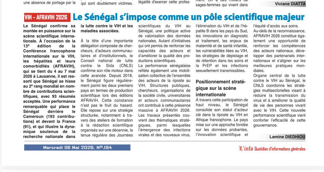 CnlsSenegal's tweet photo. AFRAVIH 2026 : le Sénégal se classe 2ᵉ en nombre de contributions scientifiques avec 93 résumés acceptés.

Conduite par le CNLS, la délégation réunit chercheurs, acteurs scientifiques, organisations communautaires et institutions engagées.
#VIH #SIDA https://t.co/DYH06qPwTn