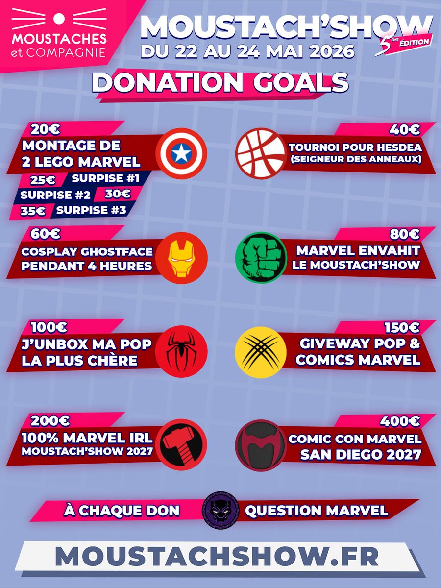 MarvelousCap_'s tweet photo. Ils sont là ! Voilà mes Donation Goals pour cette 5ème édition du @MoustachShow ! https://t.co/wTjQDxs3LK