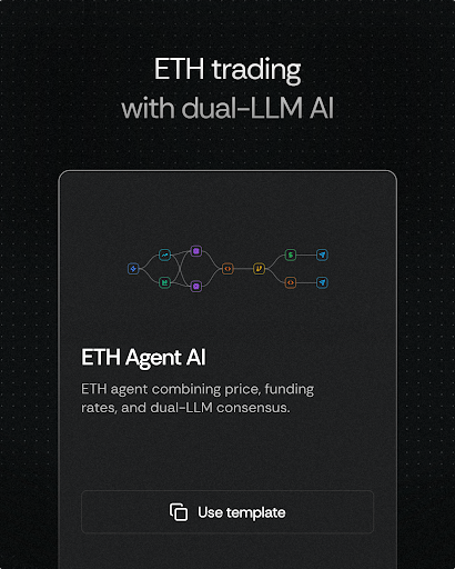 getNickAI's tweet photo. Most AI trading bots use 1 model. This agent needs 2 to agree before it trades.

ETH AGENT AI runs Claude Sonnet 4 and GPT-4o in parallel on the same data, same prompt, separate reasoning. A Python arbitration step checks both outputs. If they both say BUY, it paper trades 0.1 ETH and pings Telegram. If they disagree, you get a hold alert showing exactly how each model voted.

Every run pulls 48h of ETH/USDT candles plus Binance funding rates from CoinGlass. Every decision has a full audit trail. No consensus, no position.

The interesting part isn't the trading. It's that one bad read from one model can no longer fire a trade. Disagreement is treated as signal, not noise.

It's a one-click template. No code, no integration. Go live in 2 minutes.

Try it for free now: https://t.co/Qwapmm7s30
