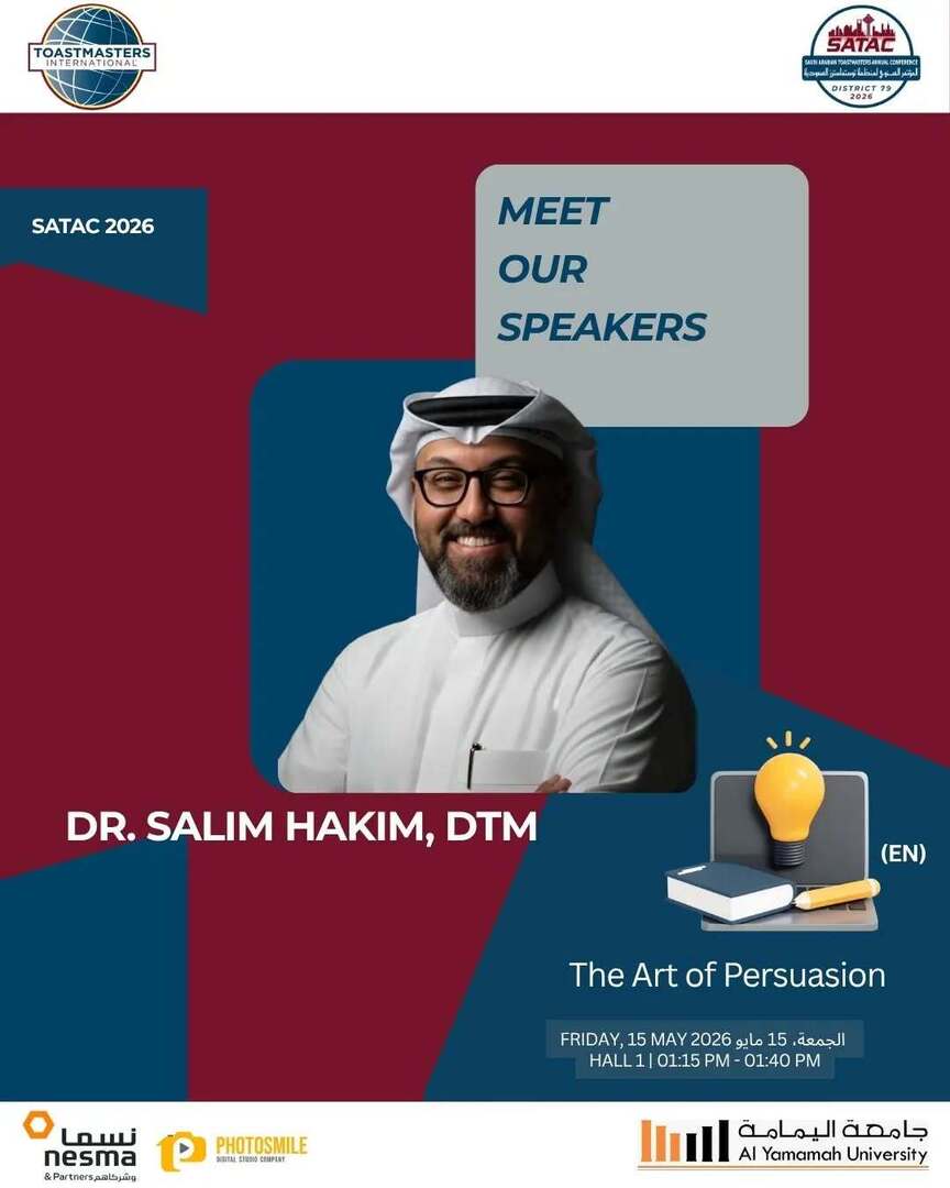 district79TMI's tweet photo. 📢 SATAC 2026 – Saudi Arabian Toastmasters Annual Conference (TMI)
Join us for an inspiring two-day journey of learning and growth featuring dynamic workshops in both English and Arabic.
📅 Day 1 – Friday, 15 May 2026
The lineup of English workshops at H… https://t.co/Vq6VRra0Zc https://t.co/j6rcw1gwiJ