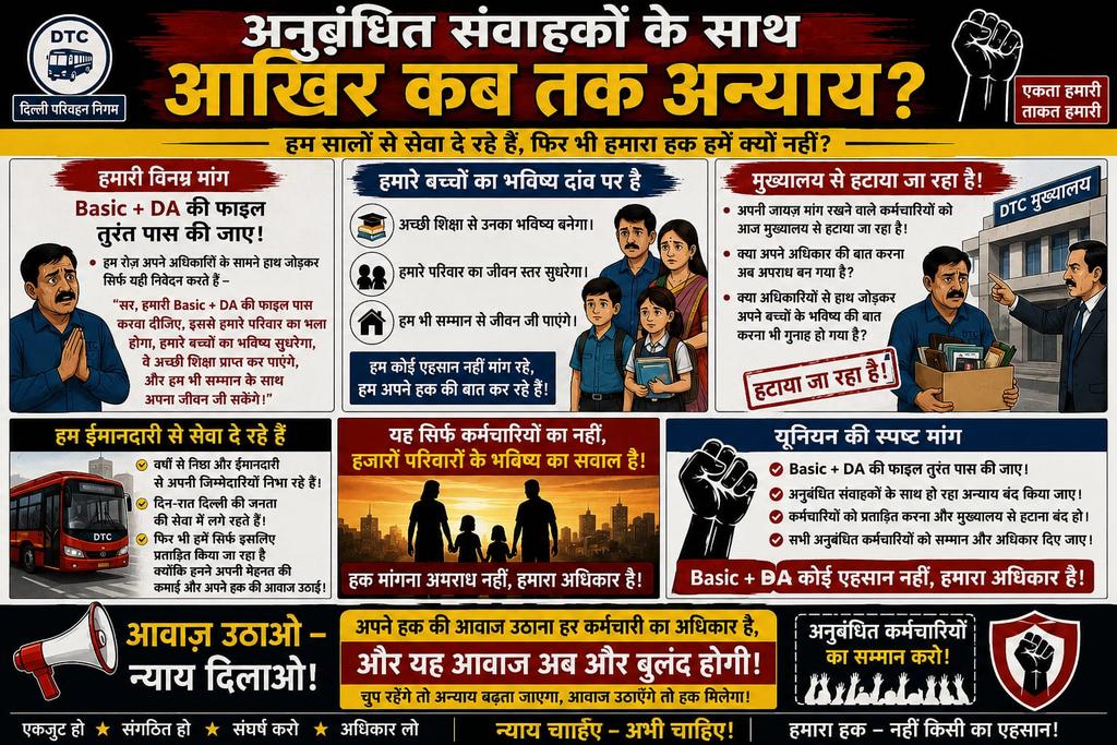 <a href="/rahul_hind80997/">Rahul Hindu</a> <a href="/MORTHIndia/">MORTHINDIA</a> <a href="/RailMinIndia/">Ministry of Railways</a> <a href="/SaudiTransport/">وزارة النقل والخدمات اللوجستية</a> <a href="/MOTQatar/">Ministry of Transport 🇶🇦 وزارة المواصلات</a> <a href="/Dept_Transport/">An Roinn Iompair - Department of Transport</a> <a href="/TransportKE/">Ministry of Roads and Transport | Kenya</a> <a href="/mtransportes/">Ministério dos Transportes</a> <a href="/InfraAust/">Infrastructure Australia</a> <a href="/MORTHIndia/">MORTHINDIA</a>
<a href="/ilo/">International Labour Organization</a>
<a href="/transportgovuk/">Department for Transport</a>
<a href="/SaudiTransport/">وزارة النقل والخدمات اللوجستية</a>
<a href="/MLIT_JAPAN/">国土交通省</a>
<a href="/Transport_gc/">Transport Canada</a>
@infrastructure
<a href="/motnz/">Ministry of Transport NZ - Te Manatū Waka</a>
<a href="/MOTMalaysia/">Kementerian Pengangkutan Malaysia</a>
<a href="/Dotransport/">Department of Transport</a>
<a href="/rta_dubai/">RTA</a>
<a href="/MOPIT_Nepal/">Ministry of Physical Infrastructure and Transport</a>
<a href="/mtcitoman/">وزارة النقل والاتصالات وتقنية المعلومات</a>
<a href="/dtchq_delhi/">Delhi Transport Corporation</a>

DTC कॉन्ट्रैक्ट कर्मचारियो का BASIC DA लागू करे,SAME WORK SAME SCALE लागू करे, It's Delhi Capital of india