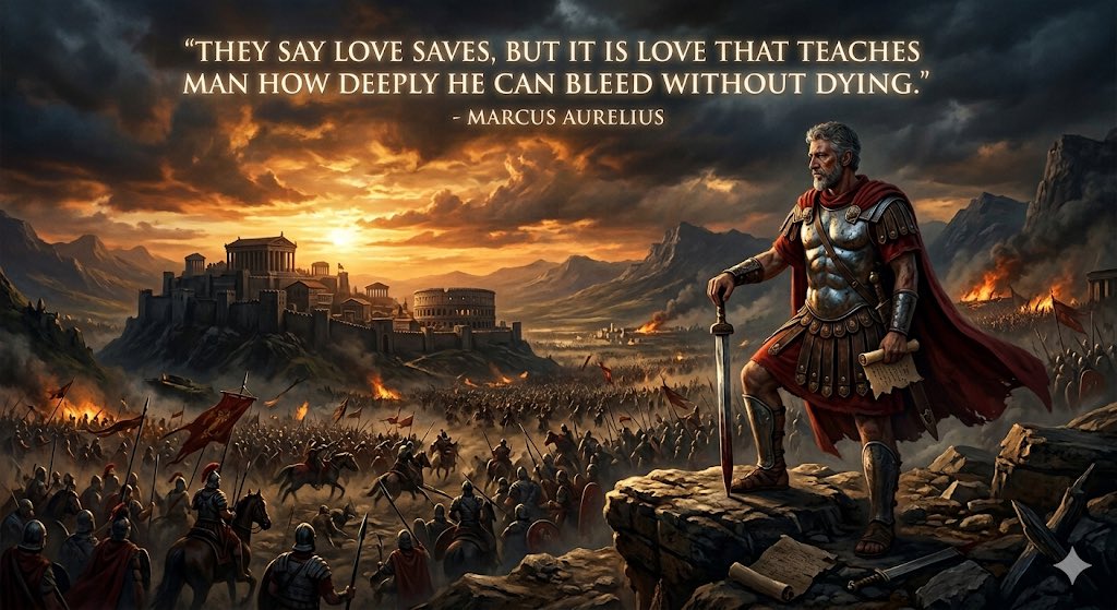 alexandercurtis's tweet photo. The Weight of the Soul

True strength isn’t found in the absence of pain, but in the capacity to endure it for what we cherish most. Marcus Aurelius reminds us that love is not just a sanctuary; it is a battlefield where the heart learns its true depth. To love is to be vulnerable, to bleed for a purpose, and to remain standing despite the wounds.

Embrace the scars that prove you lived, you cared, and you conquered.

#Stoicism #MarcusAurelius #Resilience #InnerStrength #Philosophy #Legacy #EmotionalIntelligence