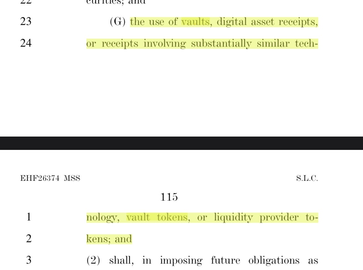 TuongvyLe12's tweet photo. @veda_labs is happy to see the new draft of CLARITY explicitly reference “vaults,” “vault tokens,” and “digital asset receipts” as technologies for which existing regulations may need modernization. 👀

That is a significant conceptual shift. Congress is implicitly recognizing vaults as a legitimate and distinct category of blockchain infrastructure. 

As we've written about, for years crypto regulation has assumed that investor protection must come from centralized intermediaries. But programmable, non-custodial smart contract systems can perform many of the same functions like custody, accounting, execution, liquidity provision, settlement architecturally, and enforced in code.

The bill does not say vaults are securities. It says the SEC should reconsider how legacy intermediary-era rules apply to these systems at all. Combined with the draft’s repeated emphasis on “rules-based,” “programmatic,” and “administrative or ministerial” systems, this is a meaningful shift in how policymakers are beginning to think about on-chain financial infrastructure, and important for the future of DeFi.