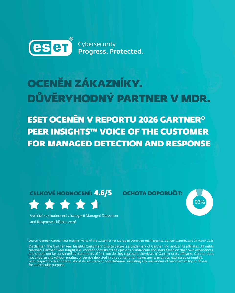 esetcz's tweet photo. ESET byl poprvé oceněn v žebříčku Gartner® Peer Insights™ Voice of the Customer pro rok 2026 v kategorii Managed Detection and Response. Na základě ověřených zákaznických recenzí dosáhl ESET vynikajících výsledků. https://t.co/TG289vbAn7