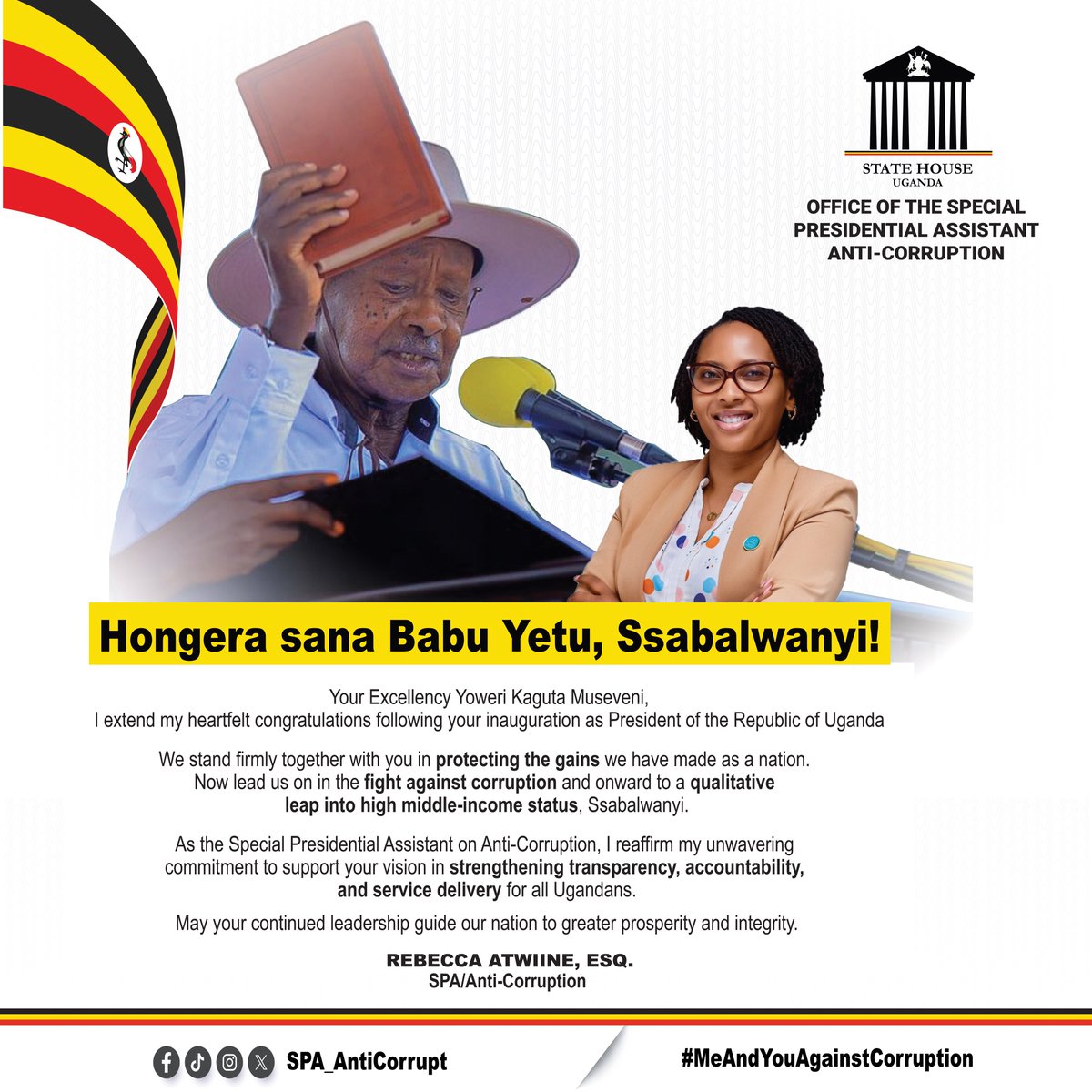 SPA_AntiCorrupt's tweet photo. Congratulations Your Excellency @KagutaMuseveni 
Proud to reaffirm our total support in protecting Uganda’s gains and intensifying the war on corruption. 

Onward to greater prosperity and integrity! 

Hongera sana Ssabalwanyi! 

#MeAndYouAgainstCorruption https://t.co/C888T9QyTs