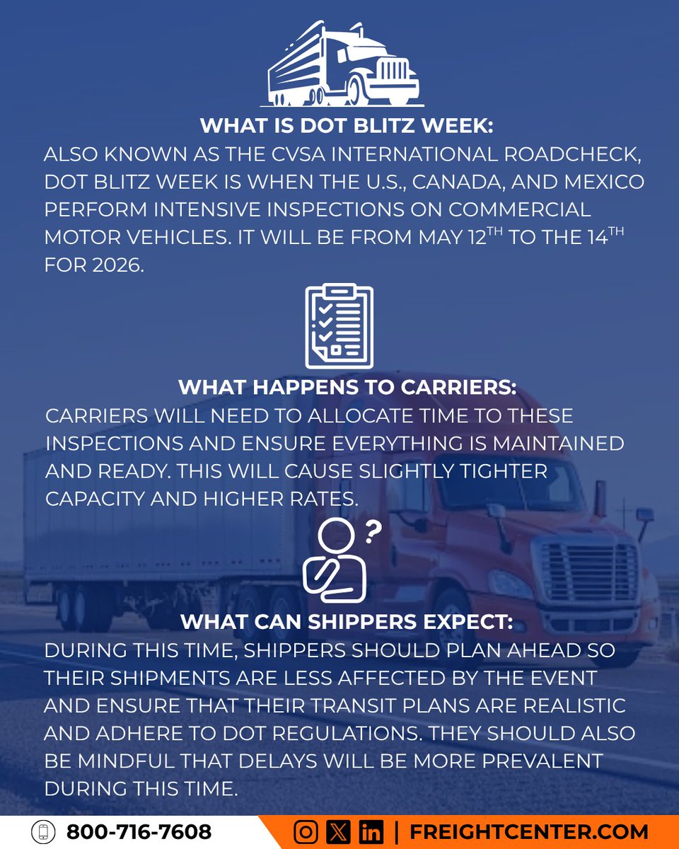 FreightCenter's tweet photo. DOT Blitz Week starts today, are you ready? 🚚😯⌚

Lots of commercial vehicles will be busy, so be prepared. Scroll through to learn more about this important event!

#DOTBlitzWeek #CVSAInternationalRoadcheck #TruckInspections #FreightLogistics #FreightCenter https://t.co/qPFDbkhepx