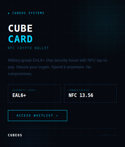 cubeoss's tweet photo. Hot wallets get hacked. Paper wallets get lost. Hardware wallets stay at home.

Cube Card is the wallet that goes with you — EAL6+ secured, NFC-ready, always in your pocket.

We didn't invent the wheel. We just made it bulletproof.

#CubeCard #CryptoSecurity #NFC #Web3Payments https://t.co/licpfzc61X