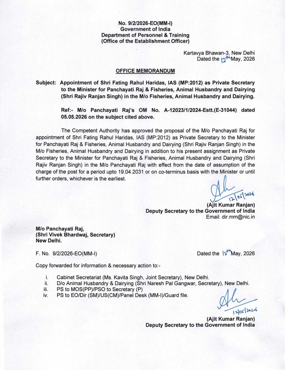 #BITransferPosting 

Fating Rahul Haridas, IAS (MP:2012), has been appointed as Private Secretary to Union Minister Rajiv Ranjan Singh in the Ministry of Fisheries, Animal Husbandry and Dairying.

He will continue to hold his present assignment in the Ministry of Panchayati Raj