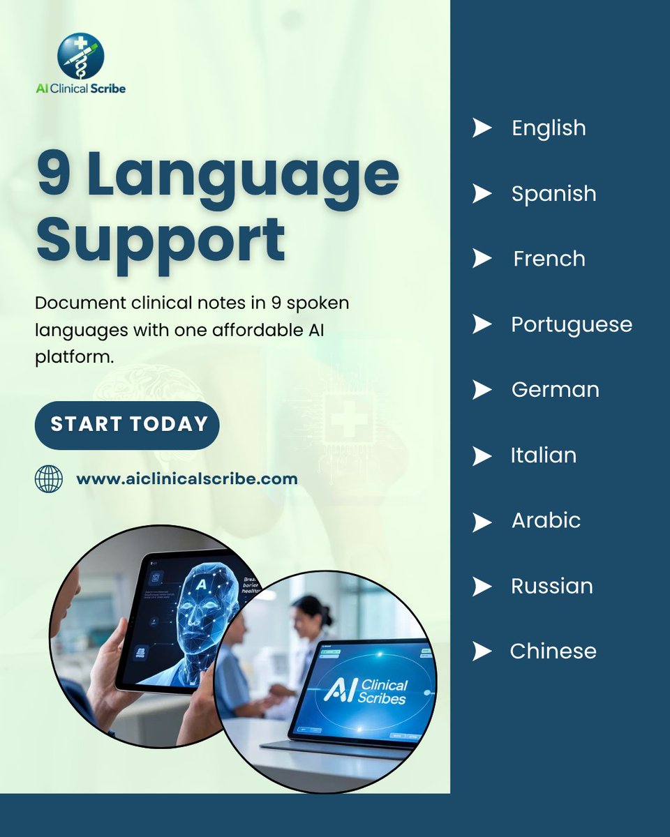 AICScribe's tweet photo. One platform. 9 spoken languages.

AI Clinical Scribe creates clinical notes in multiple languages, making documentation faster, smarter, and easier for modern healthcare teams.

Accurate. Affordable. Multilingual.

#AIScribe #MedicalAI #HealthcareAI #Doctor #AI #MedX #Medtwt https://t.co/9CJVTsyGpT