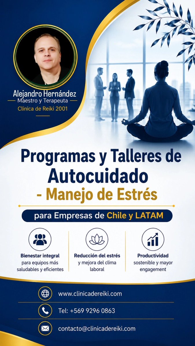 alejandrohlemus's tweet photo. El Bienestar laboral ya no es opcional. Realizamos Programas y Talleres de Autocuidado y Manejo de Estrés en Empresas. Salud emocional, Clima Laboral, Burnout junto a @clinicareiki y @fndchile
#Autocuidado #SaludMental #BienestarLaboral #ManejoDelEstrés #Burnout #Empresas #Chile https://t.co/AU5BhyAATB