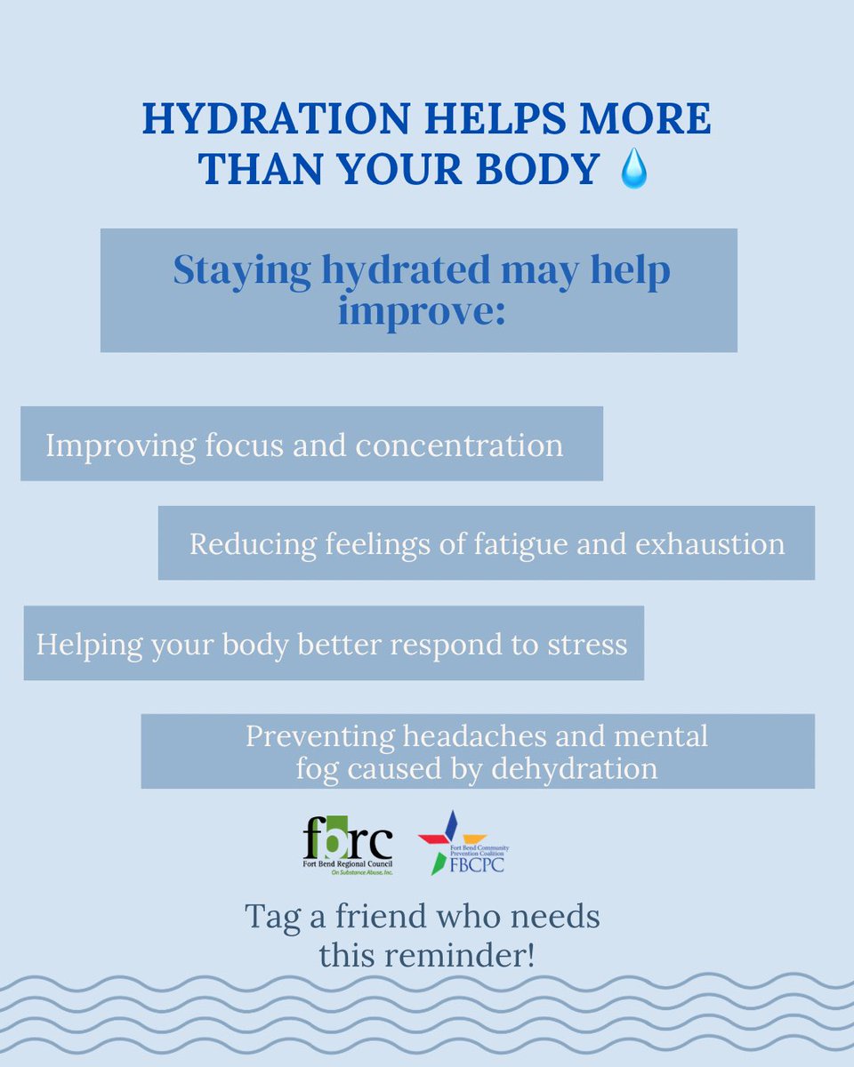 FortBendCPC's tweet photo. Hydration check 💧 As the weather heats up, remember water supports your mental health too.

It helps with focus, mood, energy, and managing stress.

Stay hydrated and take care of yourself ☀️ #HydrationReminder #MentalWellness https://t.co/NqZF9xuYYw