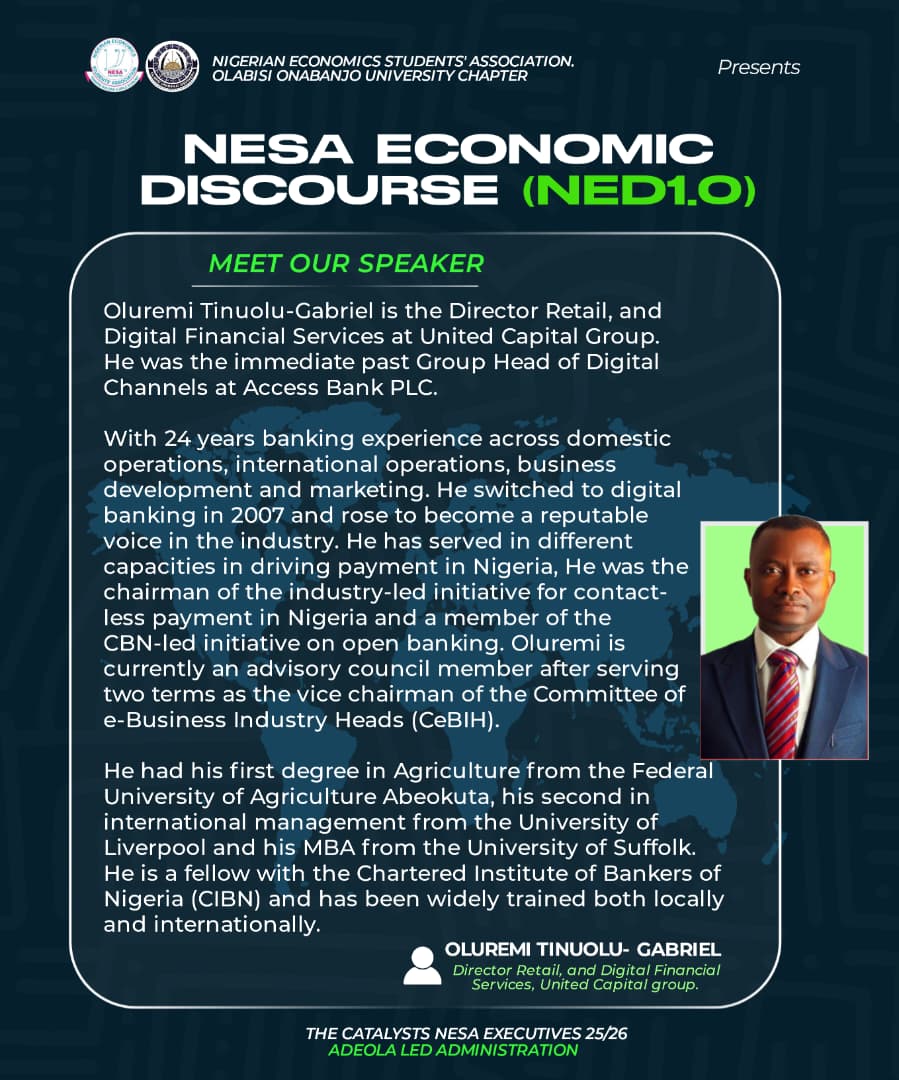 NESA_OOU's tweet photo. Meet our guest speaker, Oluremi Tinuolu-Gabriel. 
If you want to understand the future of digital banking and finance in Nigeria, this is the session for you.
Come and tap from his wealth of knowledge at NED 1.0. Your career transition starts here! 🚀 https://t.co/aosXPPNqH0