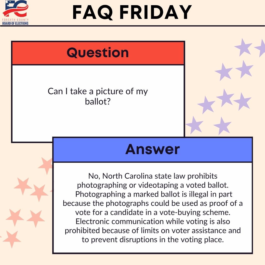 FCVOTES's tweet photo. Do you know whether you're allowed to take a picture of your ballot?
#FCVotes #ForsythCountyNC #FAQFriday https://t.co/nn0mkZYMC4