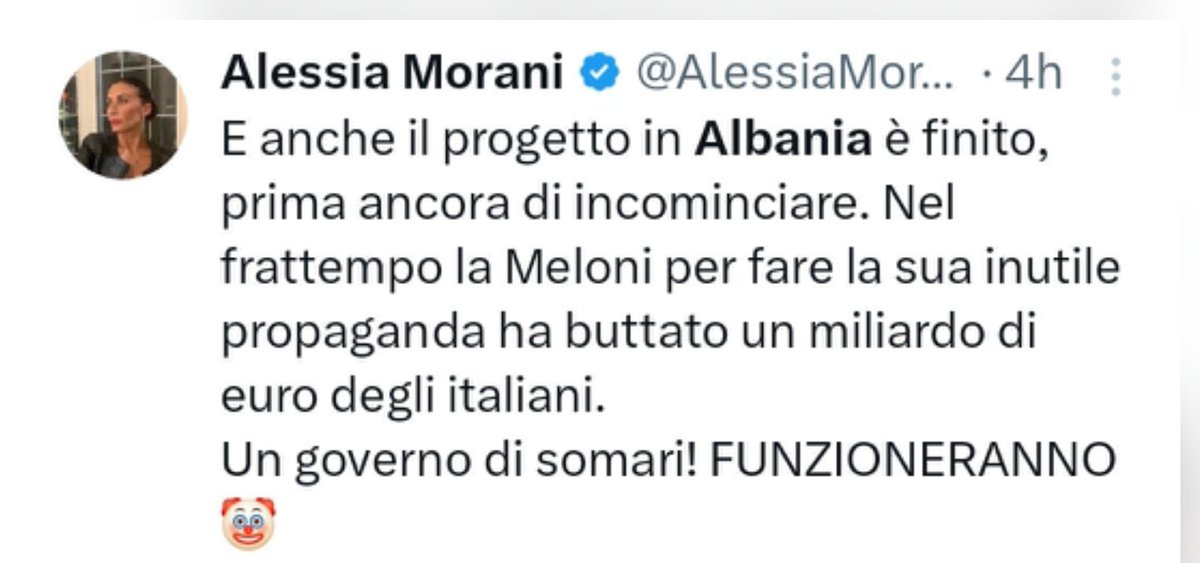 <a href="/FratellidItalia/">Fratelli d'Italia 🇮🇹</a> Questo tweet della <a href="/AlessiaMorani/">Alessia Morani</a> è il più esilarante di tutti! Somaraaaaa