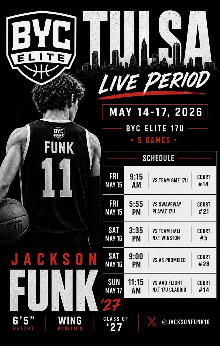 JacksonFunk10's tweet photo. Big weekend in Tulsa with @BYCelite. Coaches here is our schedule.  Would love to connect and hear more about your program. Let’s go get some W’s. @CoachJRG https://t.co/23a1QdLz4y