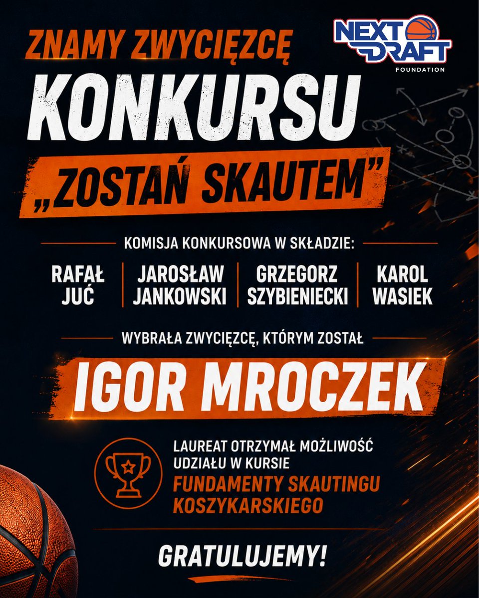 f_nextdraft's tweet photo. Znamy zwycięzcę konkursu „Zostań Skautem” 🏀

Komisja konkursowa w składzie: @rafjuc, @JJ1916JJ, @gszyb i @K_Wasiek wybrała zwycięzcę, którym został 𝐈𝐠𝐨𝐫 𝐌𝐫𝐨𝐜𝐳𝐞𝐤 👏

Laureat otrzyma możliwość udziału w kursie skautingowym🔥

Gratulujemy 🙌

#plkpl #basketball https://t.co/DbMv7junik