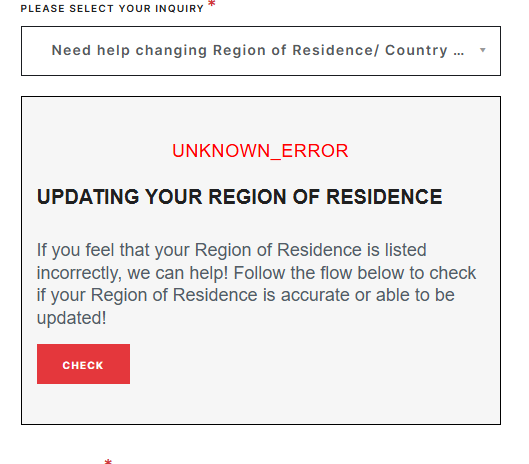 FoTiSmP_'s tweet photo. @drewlevin @RiotSupport even tried the feature to update my region of residence and im getting unknown error. i need help https://t.co/IniDhR2yeG