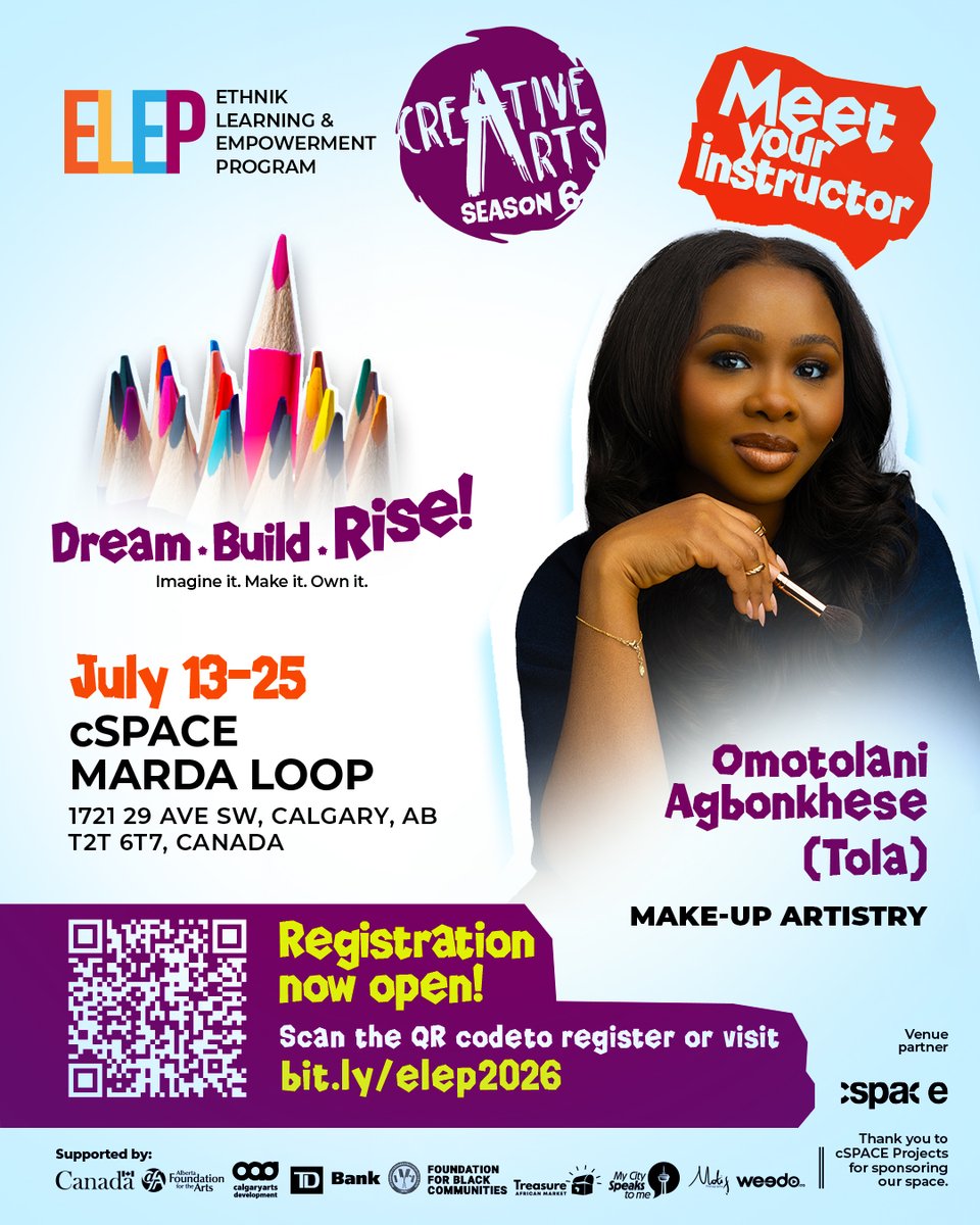 EthnikF's tweet photo. 💄 Meet Omotolani Agbonkhese (Tola) — Make-up Artistry Instructor at #ELEP2026!

Explore beauty, creativity &amp; confidence through hands-on makeup artistry training this summer in Calgary.

📅 July 13–25
📍 cSPACE Marda Loop

Register today:
https://t.co/3Io1KPjcj0 https://t.co/hvVJVVB8rg