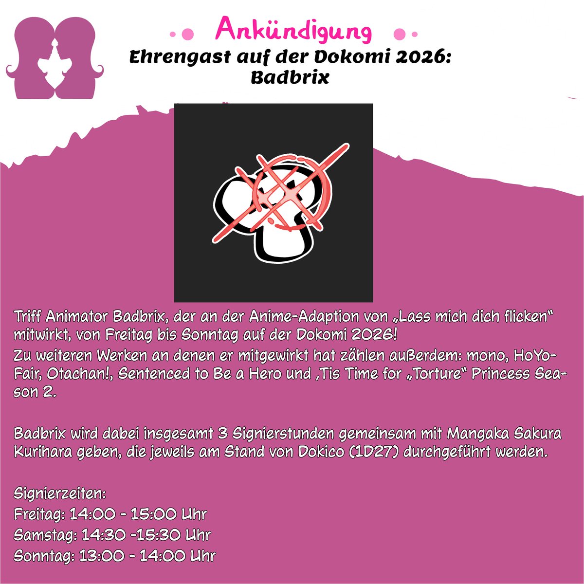 Dokico_de's tweet photo. +++Ehrengäste auf der DoKomi+++

Wir haben gleich drei Ehrengäste für euch auf der DoKomi: Sakura Kurihara, Nono Shimanaga und Badbrix.

Alle Details zu Signierstunden und Co. ist den Bildern zu entnehmen oder der entsprechenden Seite auf unserem Blog: https://t.co/pQEgr7H8Ee https://t.co/ZsaADndizU