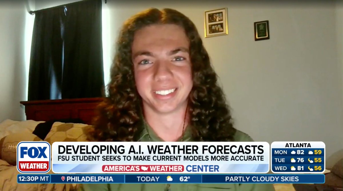 FSUartssciences's tweet photo. James “LJ” Dunphy, who was recently awarded the @NOAA Ernest F. Hollings Undergraduate Scholarship, was interviewed by @foxweather on his work to develop AI weather forecasts that are more accurate and less computationally demanding than traditional forecasting methods.

Dunphy is a sophomore at @FloridaState double majoring in meteorology (@FSU_EOAS) and applied mathematics (@FSUMathematics).

To watch the full interview, visit: https://t.co/DHf379uWnp.