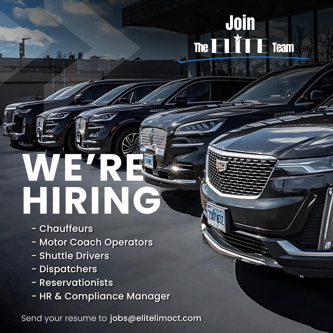 Elitelimoct's tweet photo. We're hiring across multiple positions at Elite Limousine CT. Chauffeurs, Dispatchers, Reservationists, Motor Coach Operators, Shuttle Drivers &amp; HR Manager. Email jobs@elitelimoct.com 

#NowHiring #CTJobs https://t.co/kLw06JiFpB